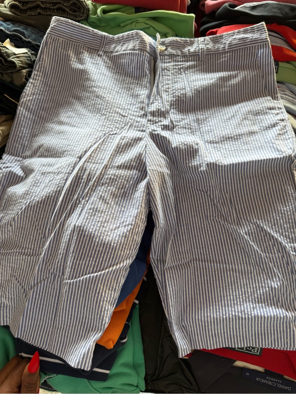 Polo by Ralph Lauren Blue and White Striped Seersucker Flat Front Shorts